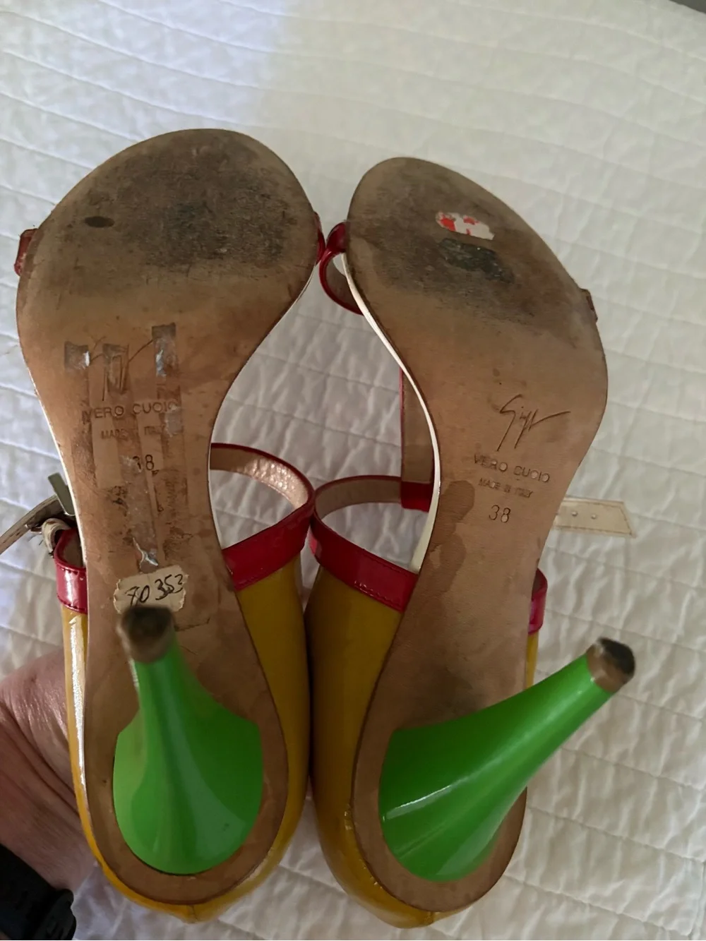 Giuseppe Zanotti Red and Yellow Leather Strappy Sandals Y2K Size 7.5